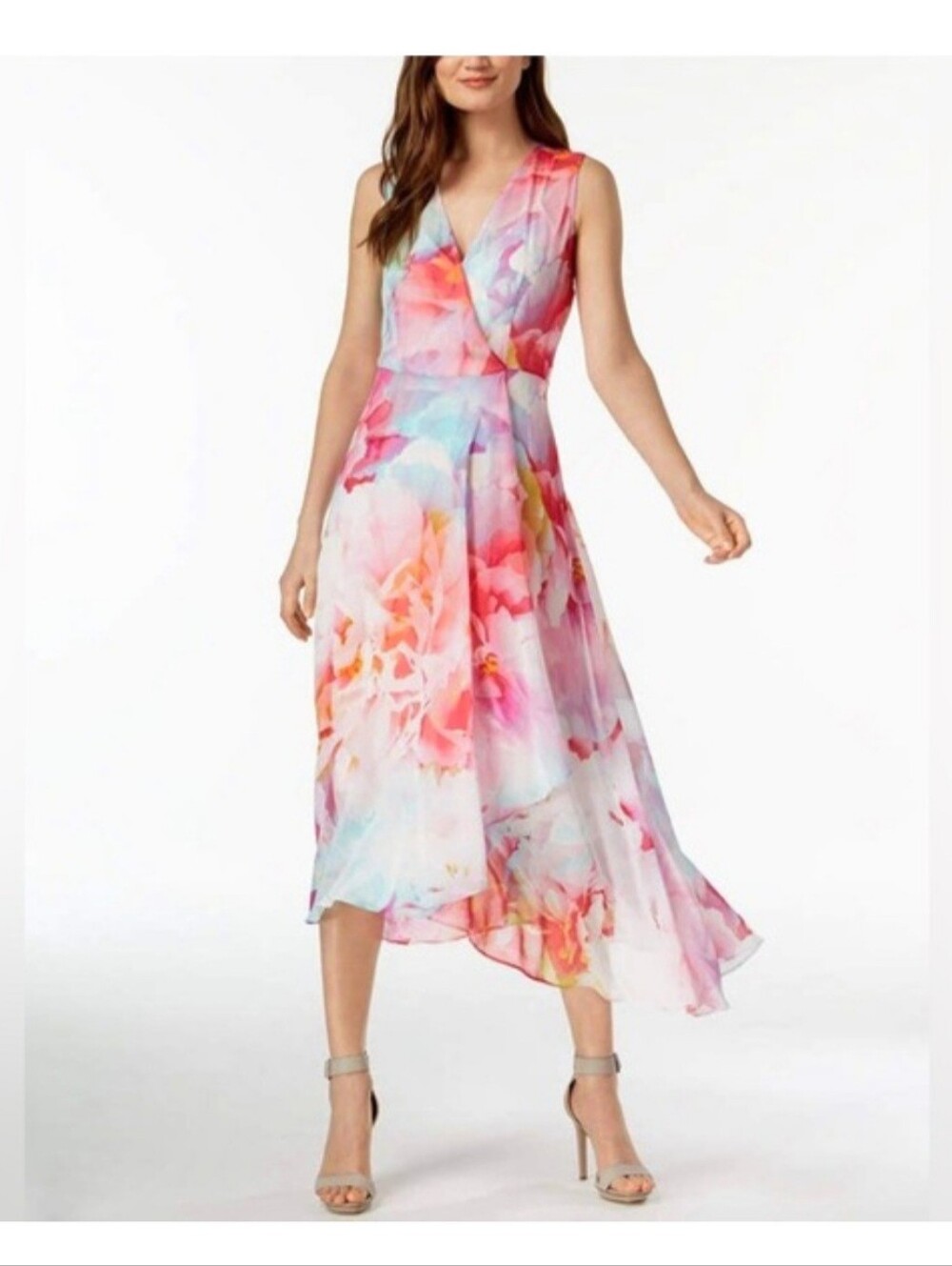 Calvin Klein v-neck faux- wrap chiffon dress featuring an asymmetric high-low